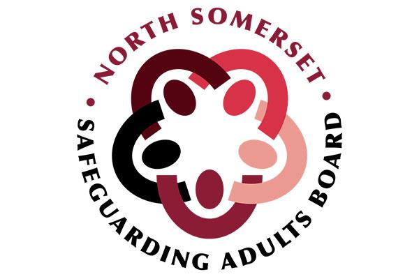North Somerset Safeguarding Adults Board test around an icon of figures holding hands in shades of red