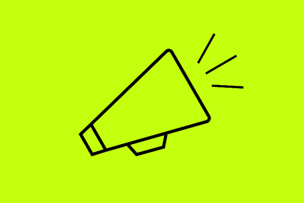 black icon of a megaphone on a lime green background