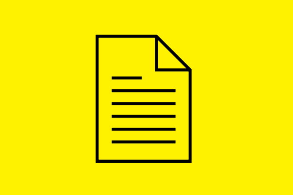 black icon of a sheet of paper with writing on it on a yellow background