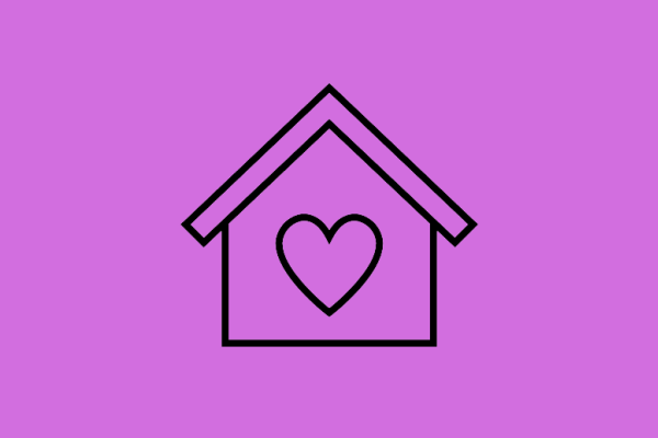 black icon of a house with a heart in the centre on a purple background