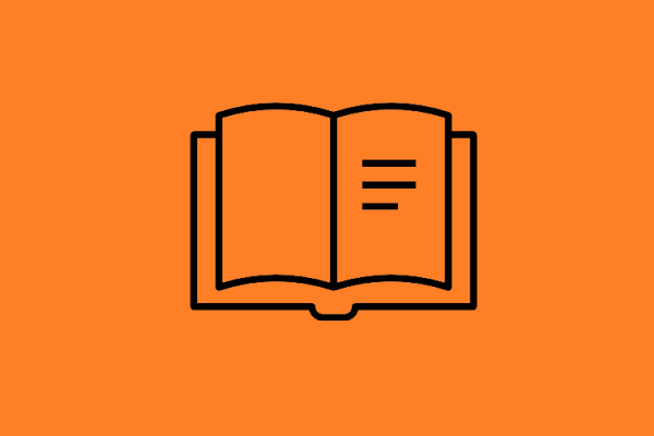 black icon of an open book on a dark orange background