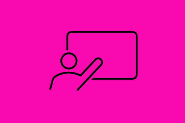 black icon of a person pointing to a whiteboard on a pink background
