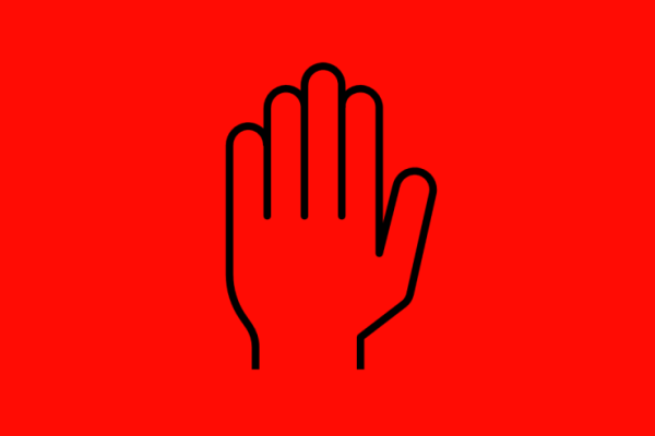 A red hand icon on a red background